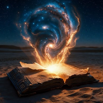 Open ancient book unleashing galaxy vortex