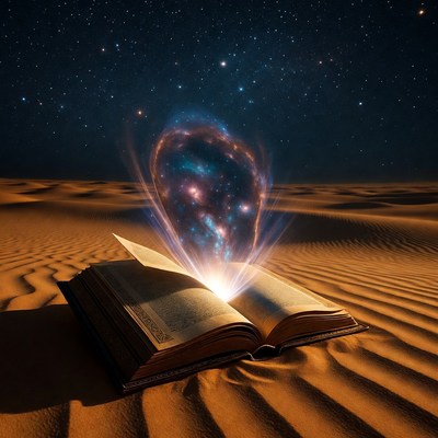 Open book emitting magic nebula in desert