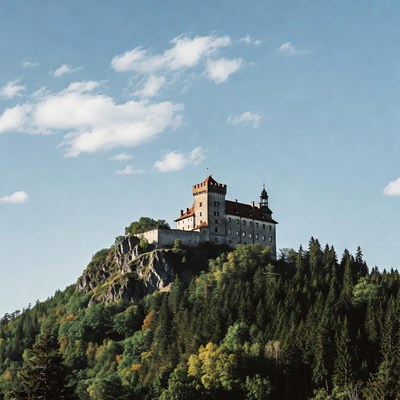 Castle atop forested rocky hill