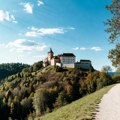 Castle on forested hilltop