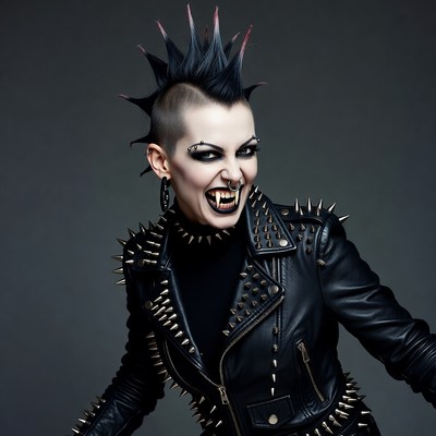 Mohawk punk woman baring fangs