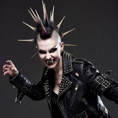 Mohawk punk woman with vampire fangs