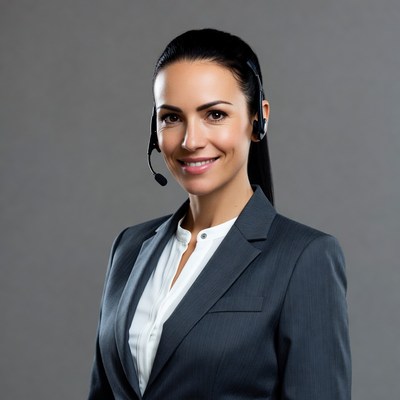 Woman wearing headset in suit