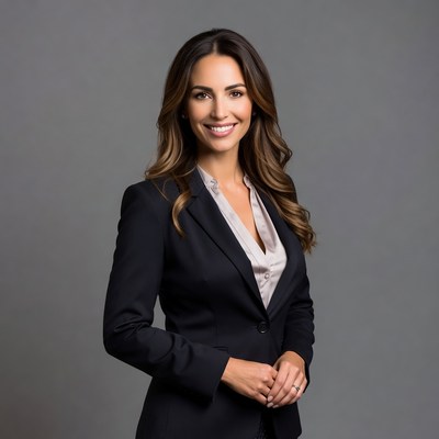 Smiling woman in black blazer suit