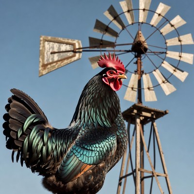 Rooster standing by windmill