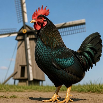 Rooster standing in front of windmill