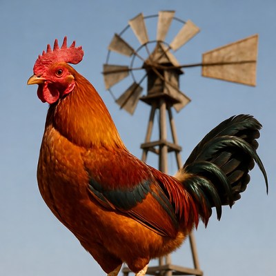 Rooster standing before windmill
