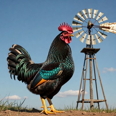 Black rooster with windmill