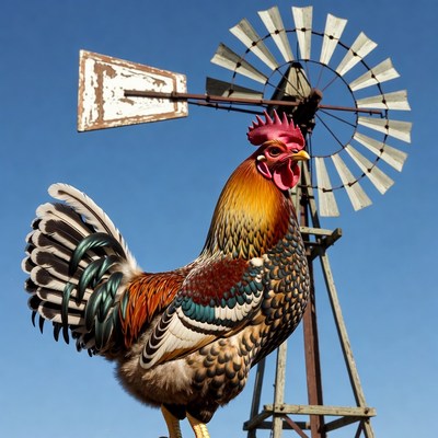 Rooster standing by windmill