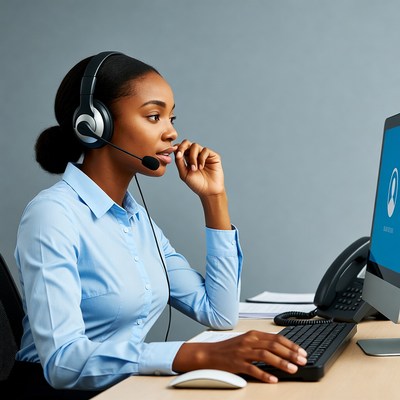 African-American woman working at call center