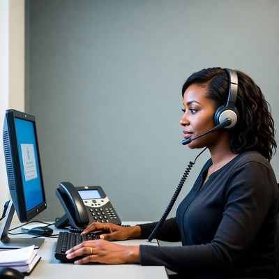 African-American woman working at call center