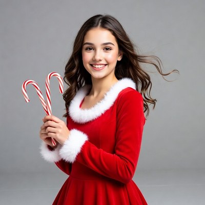 Girl in red Santa dress holding candy canes