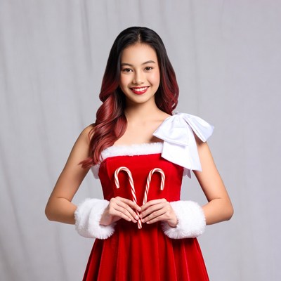 Asian woman in red Santa dress holding candy canes