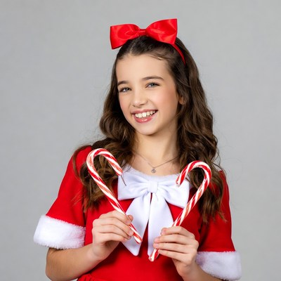 Girl holding candy canes in Santa dress