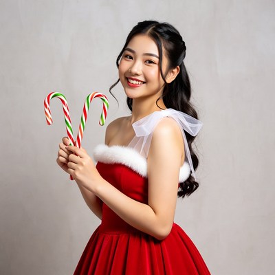 Asian woman holding candy canes in Santa dress