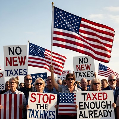 Crowd protesting new tax hikes with flags
