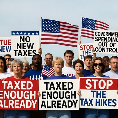 Crowd protesting new taxes with signs