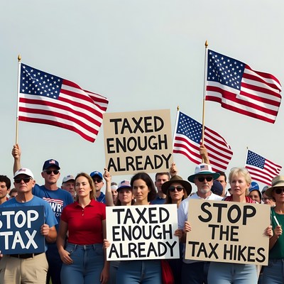 Crowd protesting tax hikes with flags