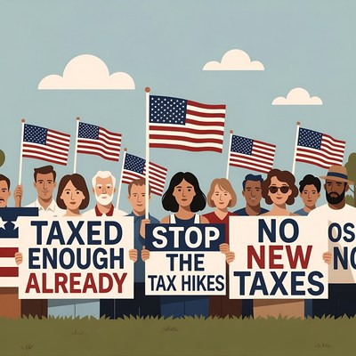 Cartoon protesters opposing tax hikes
