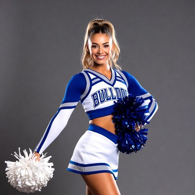 Cheerleader holding blue and white pom poms