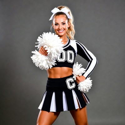 Blonde cheerleader with white pom poms