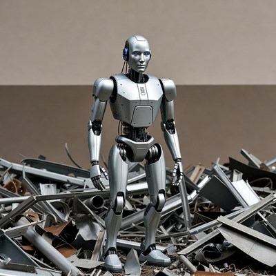 Silver Humanoid Robot in Metal Scrap Heap