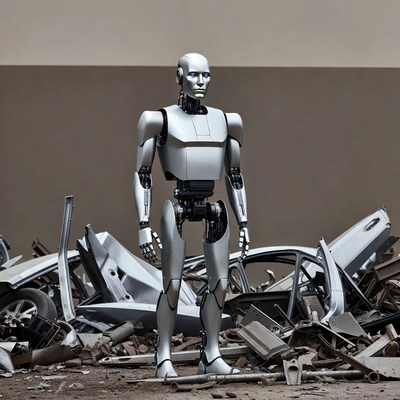 Silver robot standing in car wreckage
