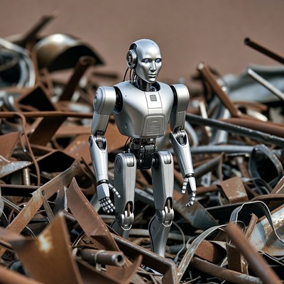 Silver robot standing in scrap metal