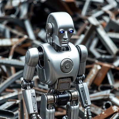 Silver Robot Standing in Scrap Metal