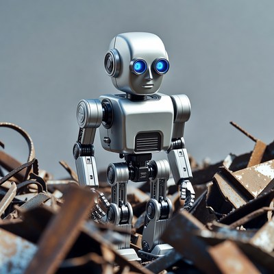 Silver robot standing in scrap metal