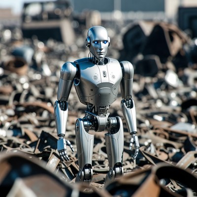 Silver robot standing in scrapyard
