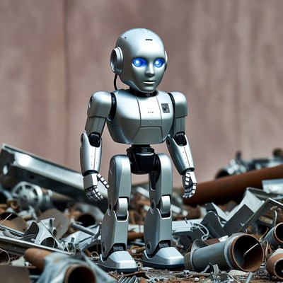 Silver robot standing in scrap metal