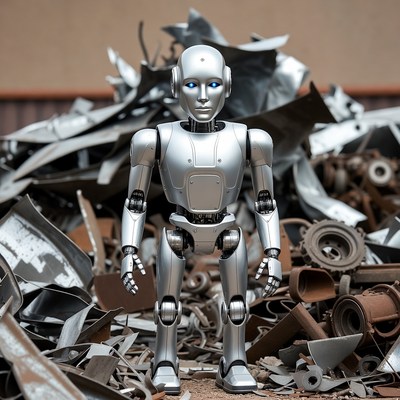 Silver robot standing in scrap metal