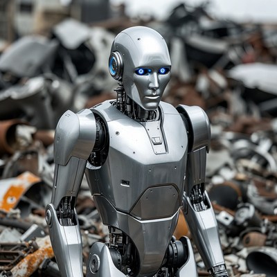 Silver robot in scrap metal yard