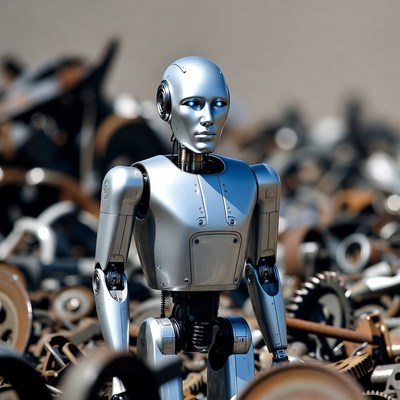 Silver robot standing in scrap gears