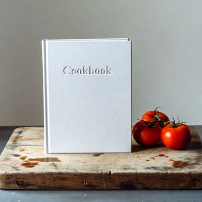 White Cookbook with Tomatoes on Wood