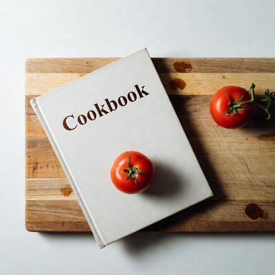 Cookbook with Tomatoes on Wooden Board