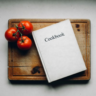 Cookbook with Tomatoes on Cutting Board