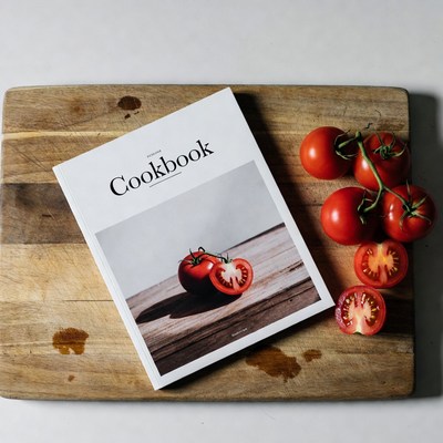 Cookbook with Tomatoes on Cutting Board