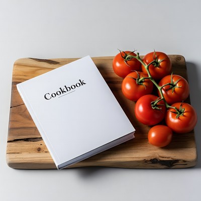 Cookbook with Tomatoes on Wood Board