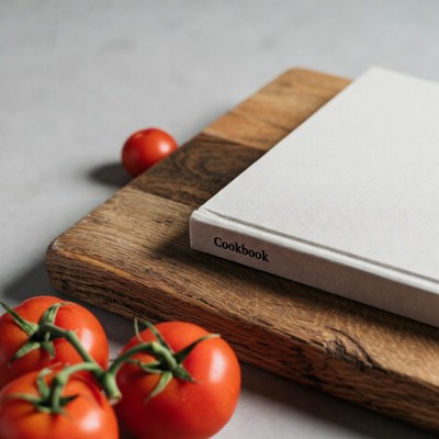 Open Cookbook with Tomatoes on Cutting Board
