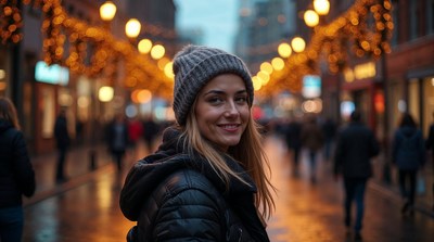 Smiling blonde woman in beanie Christmas street