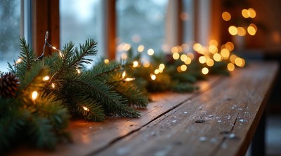 Christmas Garland with Lights on Snowy Window