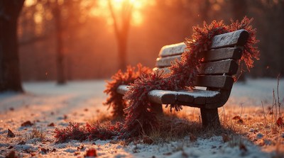 Wooden bench with red garland in snowy sunset park