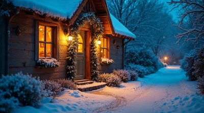 Cozy Snowy Cabin with Warm Lights