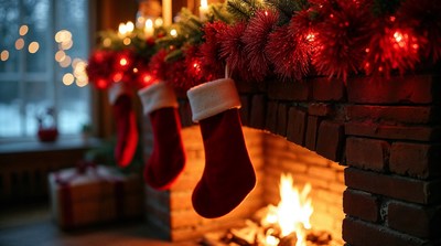 Red Christmas stockings hanging by fireplace