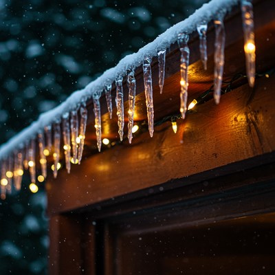Icicles and Christmas lights on snowy roof