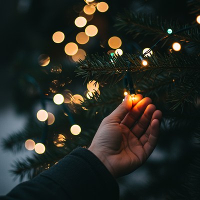 Hand lighting Christmas tree lights