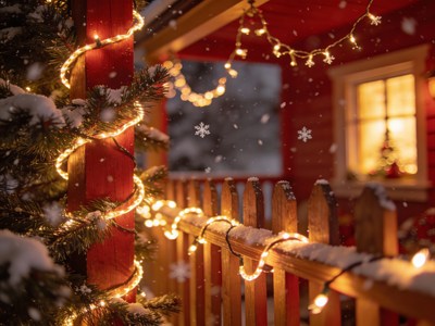Snowy Christmas Cabin with Lights