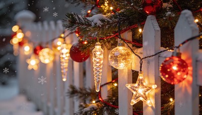 Christmas Ornaments on Snowy Fence
